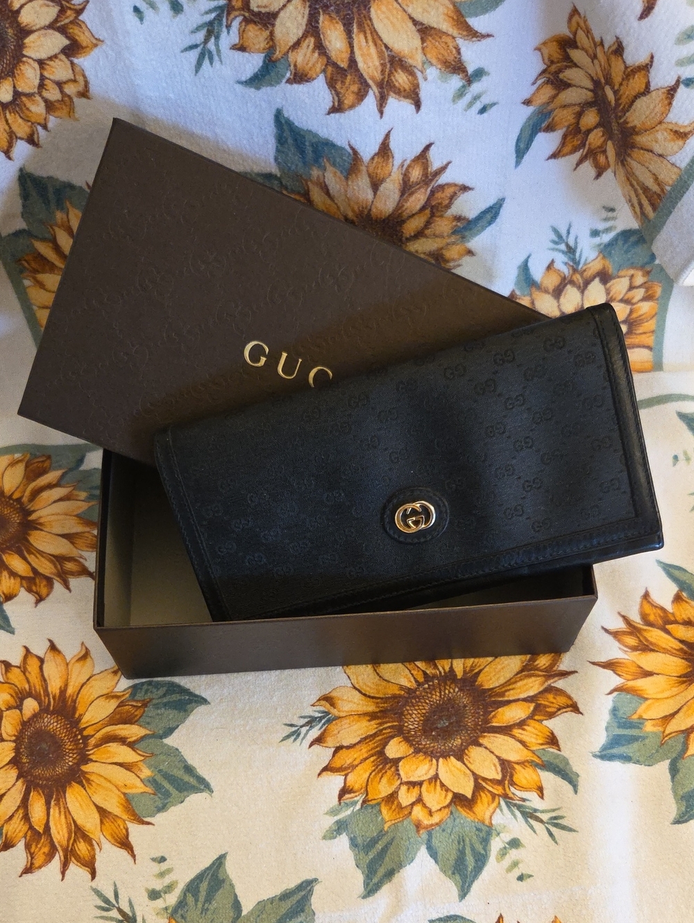 Gucci Black GG Monogram Continental Wallet with Gold-Tone Logo